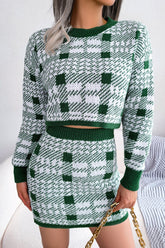 Robe courte en tricot à carreaux bicolores avec mini-jupe et robe deux pièces - Vert